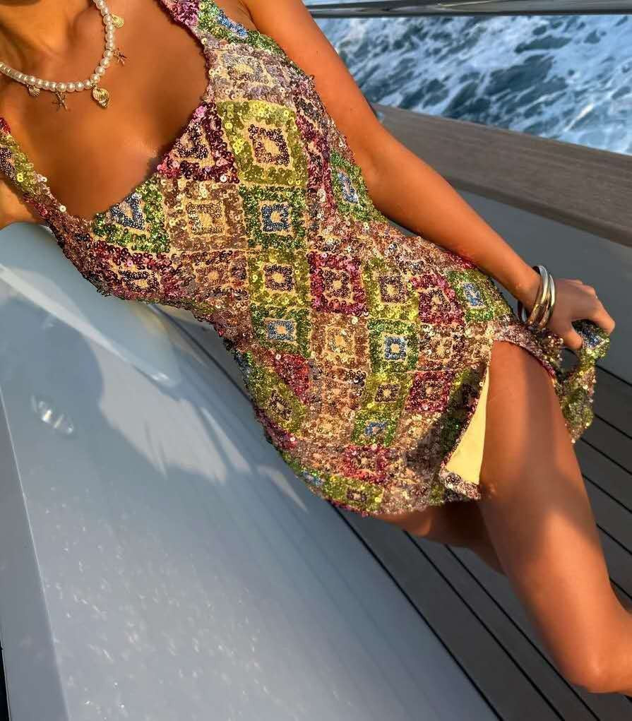 Sequin Square Neck High Split Bodycon Mini Dress Party 8