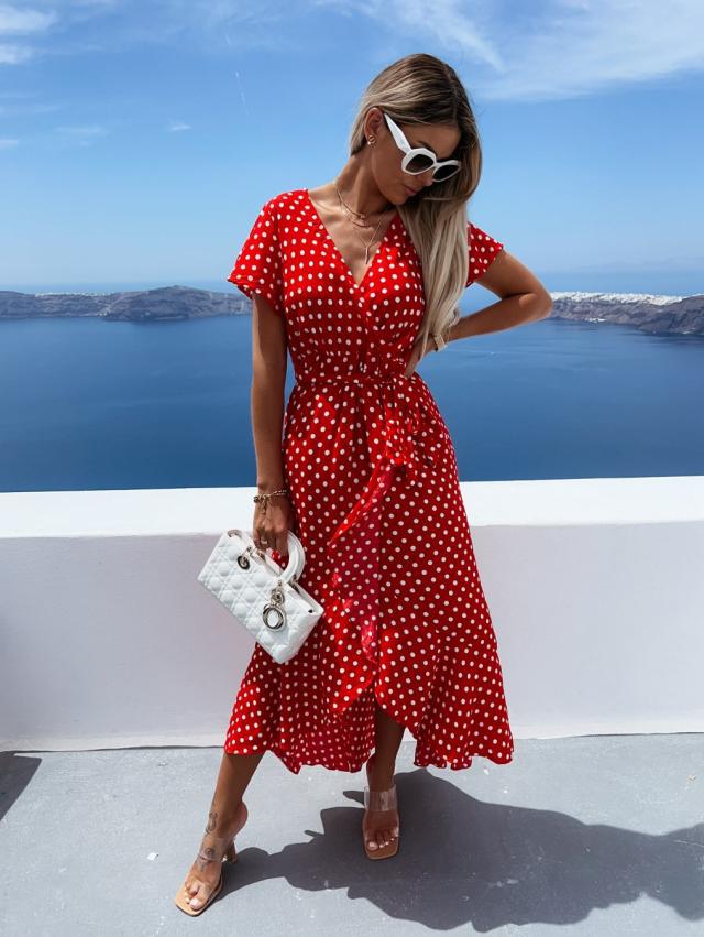 Polka Dot Wrap Deep V-Neck Short Sleeve Ruffle High Low Maxi Dress
