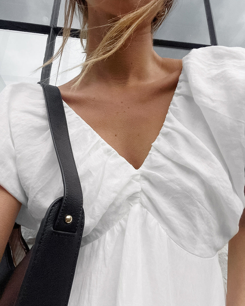 V-Neck Puff Sleeve Ruched Mini Dress Summer 2