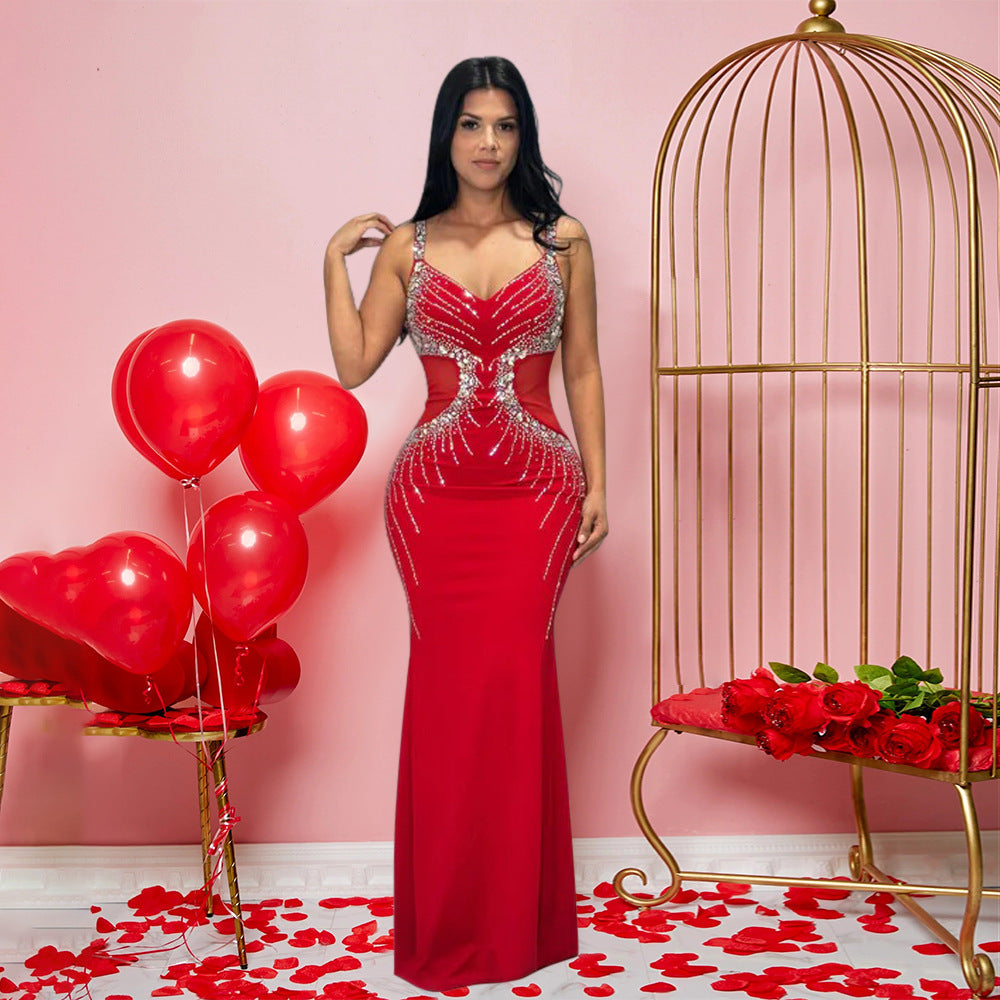 V neck Brace Maxi Dress Slim Fit Rhinestone Sheath Dress - View 4