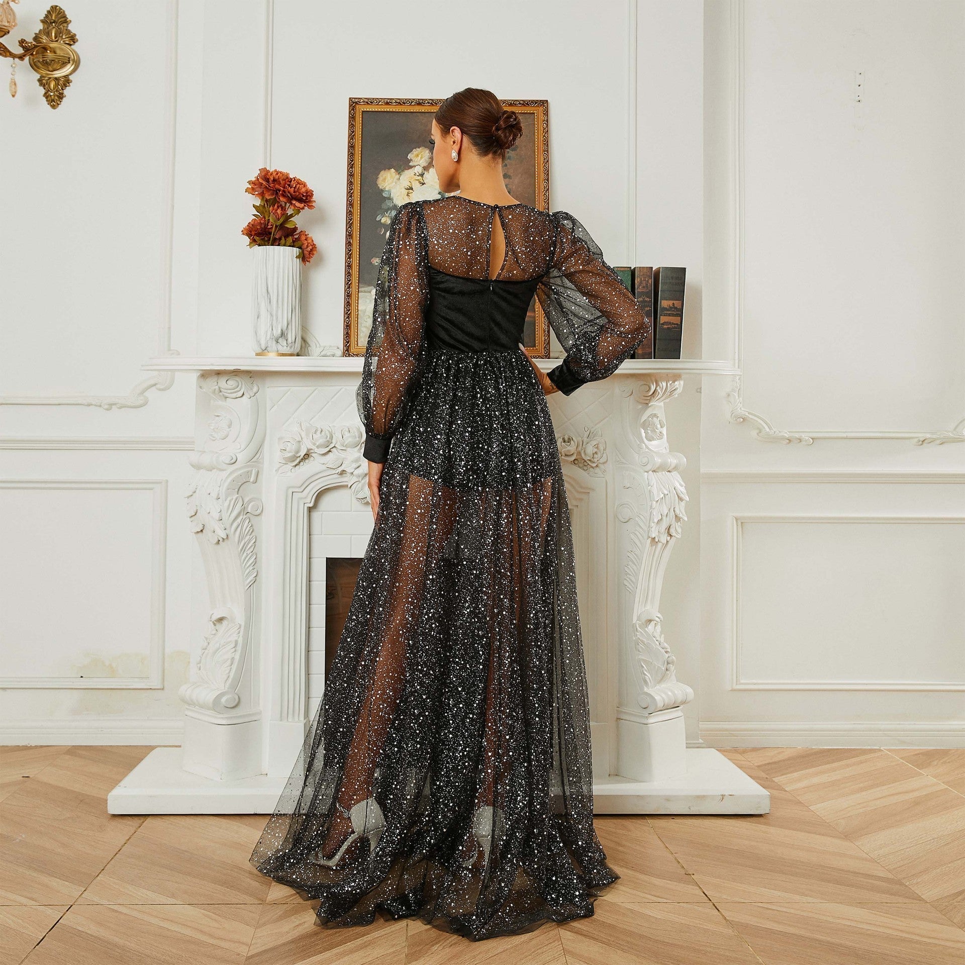 Glitter Round Neck Puff Sleeve Sheer Tulle A-Line Maxi Dress