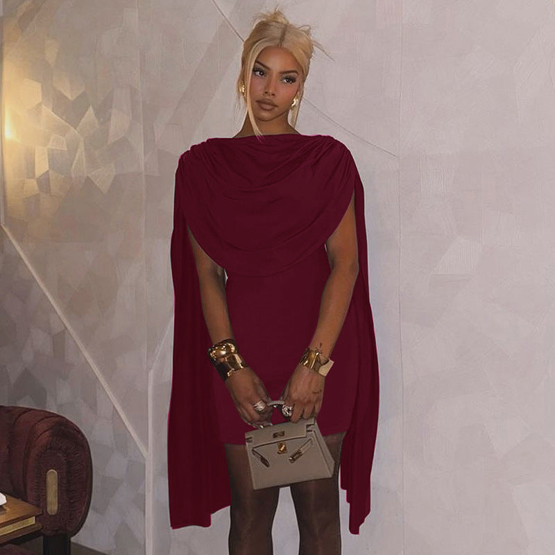 Draped Cowl Neck Cape Sleeve Bodycon Mini Dress 6
