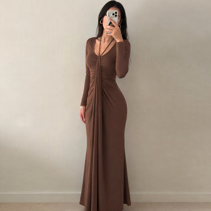Sexy Slim Fit Pleated Long Sleeved Dress Women Autumn Solid Color Deep V Plunge Slimming Elegant Maxi Dress