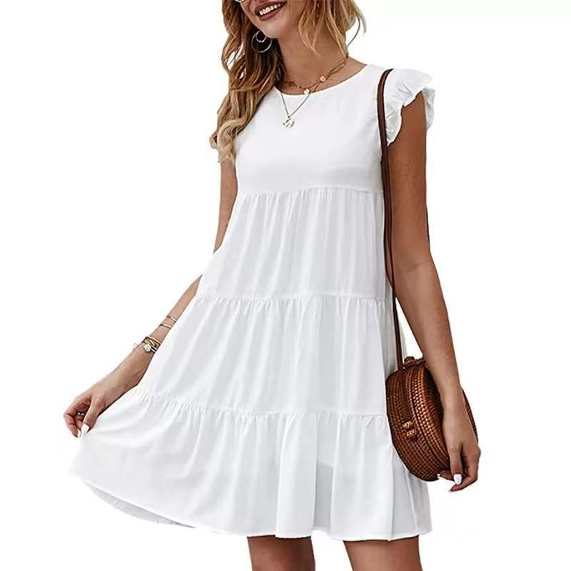 Round Neck Flutter Sleeve Tiered Swing Mini Dress 6