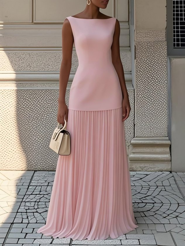 Boat Neck Sleeveless Pleated Maxi Two Piece Set 4