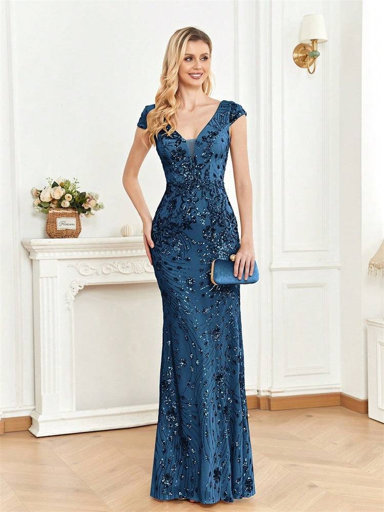 Sequin V-Neck Cap Sleeve Mermaid Evening Gown