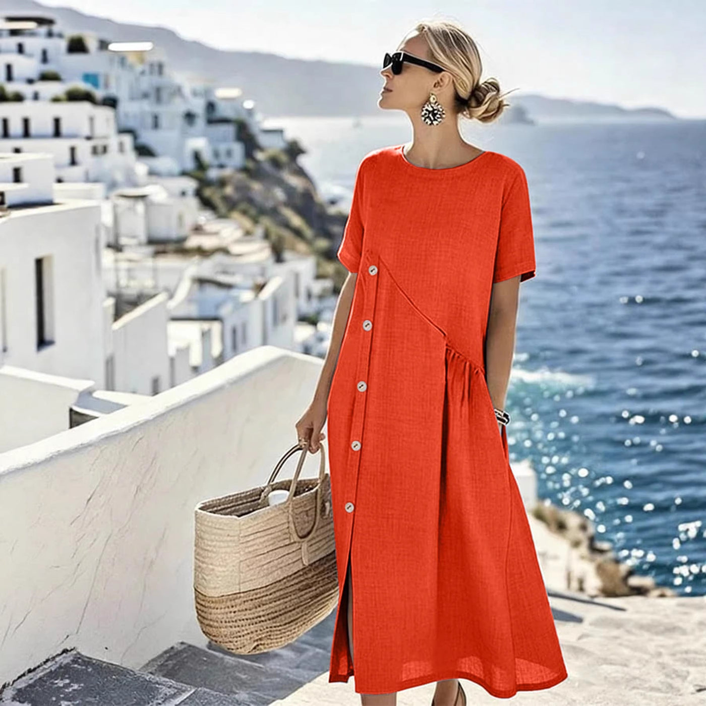 Crew Neck Short Sleeve Side Button Linen Midi Dress Summer 4
