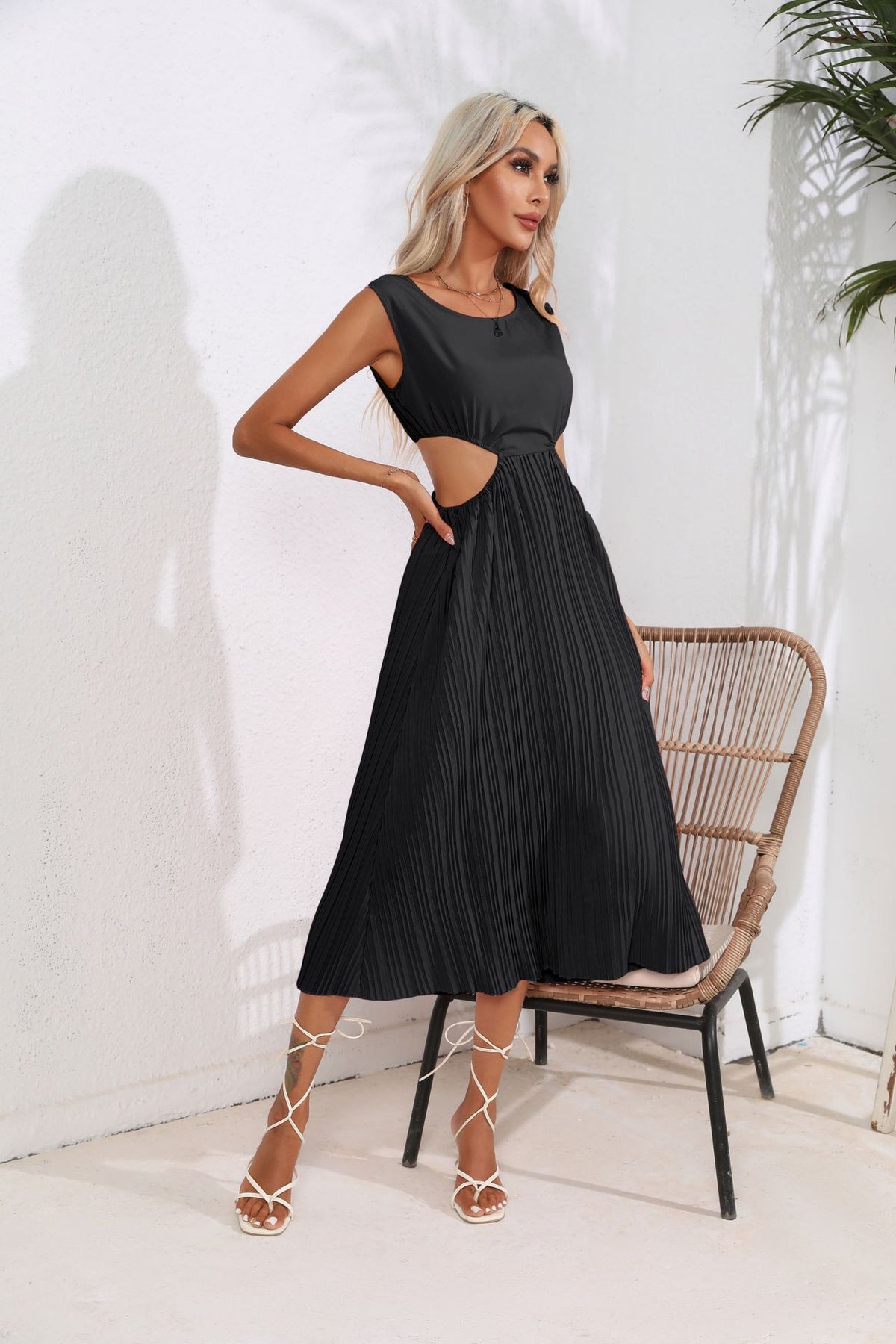 Pleated Round Neck Sleeveless Side Cut Out A-Line Midi Dress 2