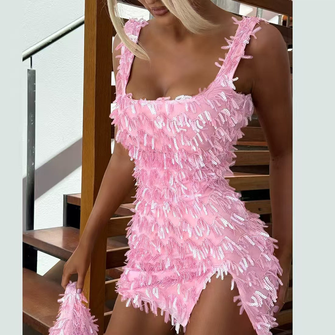 Sequin Fringe Square Neck High Split Bodycon Mini Dress 10