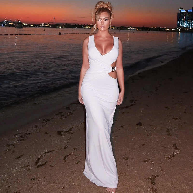Summer Women Clothing Solid Color V neck Maxi Dress Chic Cutout Sheath Dress Women