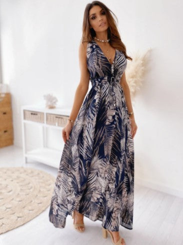 Tropical Print Deep V-Neck Sleeveless Elastic Waist A-Line Maxi Dress