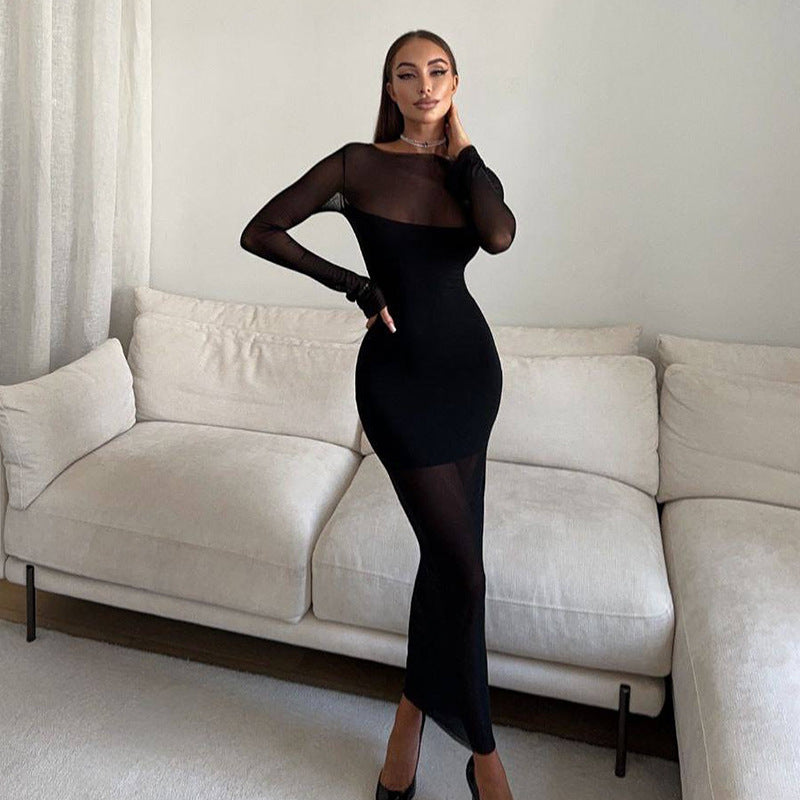 Sheer Mesh Panel Boat Neck Long Sleeve Bodycon Maxi Dress
