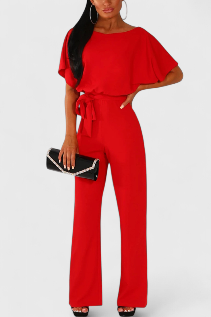 Boat Neck Batwing Sleeve Belted Wide Leg Jumpsuit