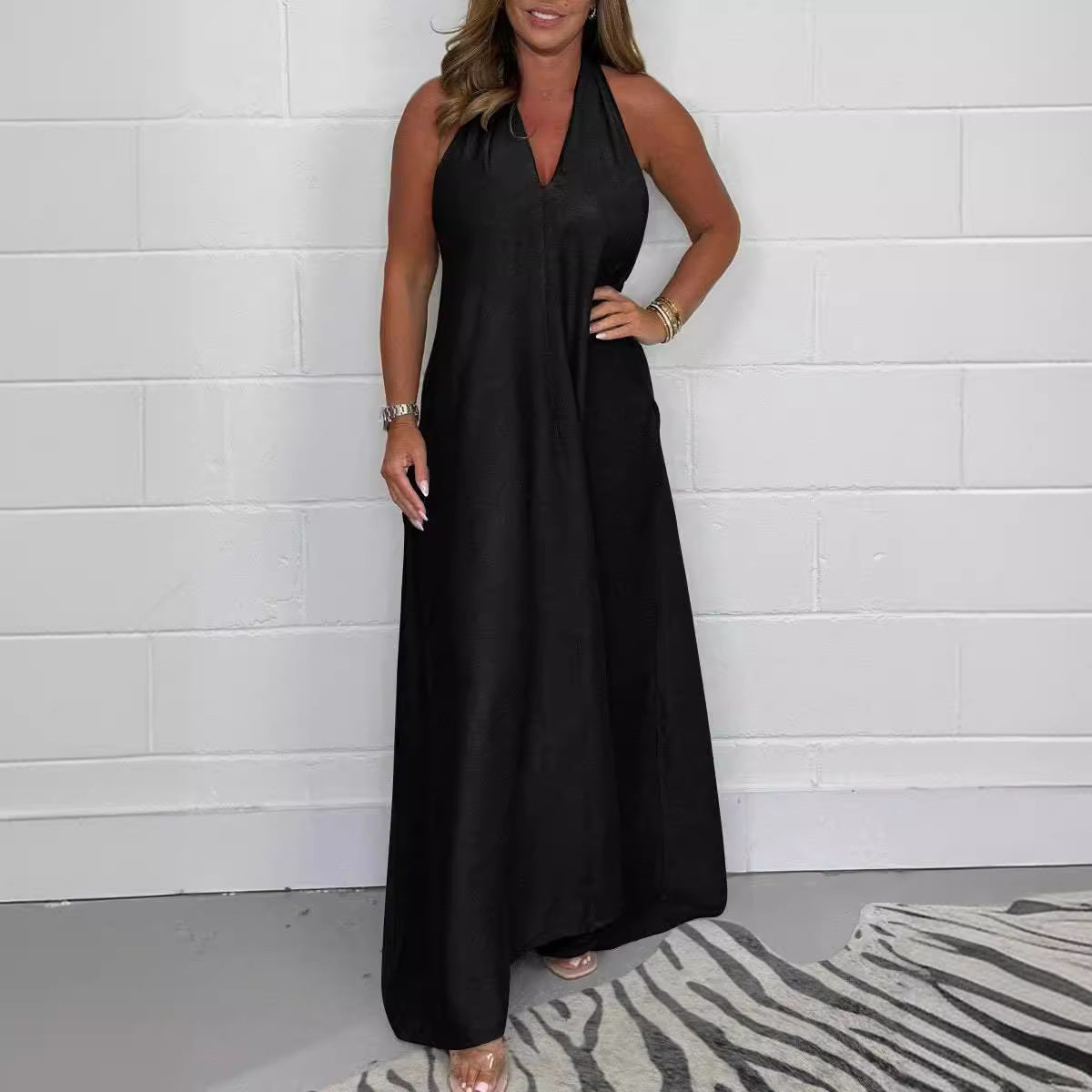 Spring Summer Women Clothing Deep V Plunge Neck T Shape Back Sleeveless Elegant Dress