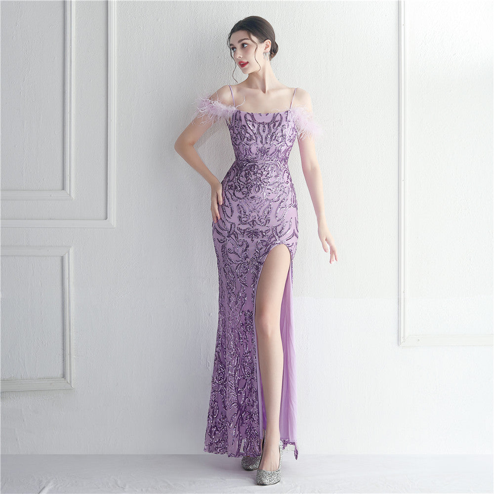 Sequin Feather Trim Spaghetti Strap High Split Mermaid Gown