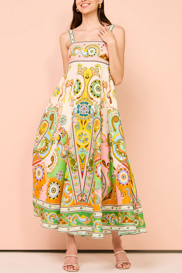 Paisley Print Smocked Back Tie Strap Sleeveless Swing Maxi Dress 4