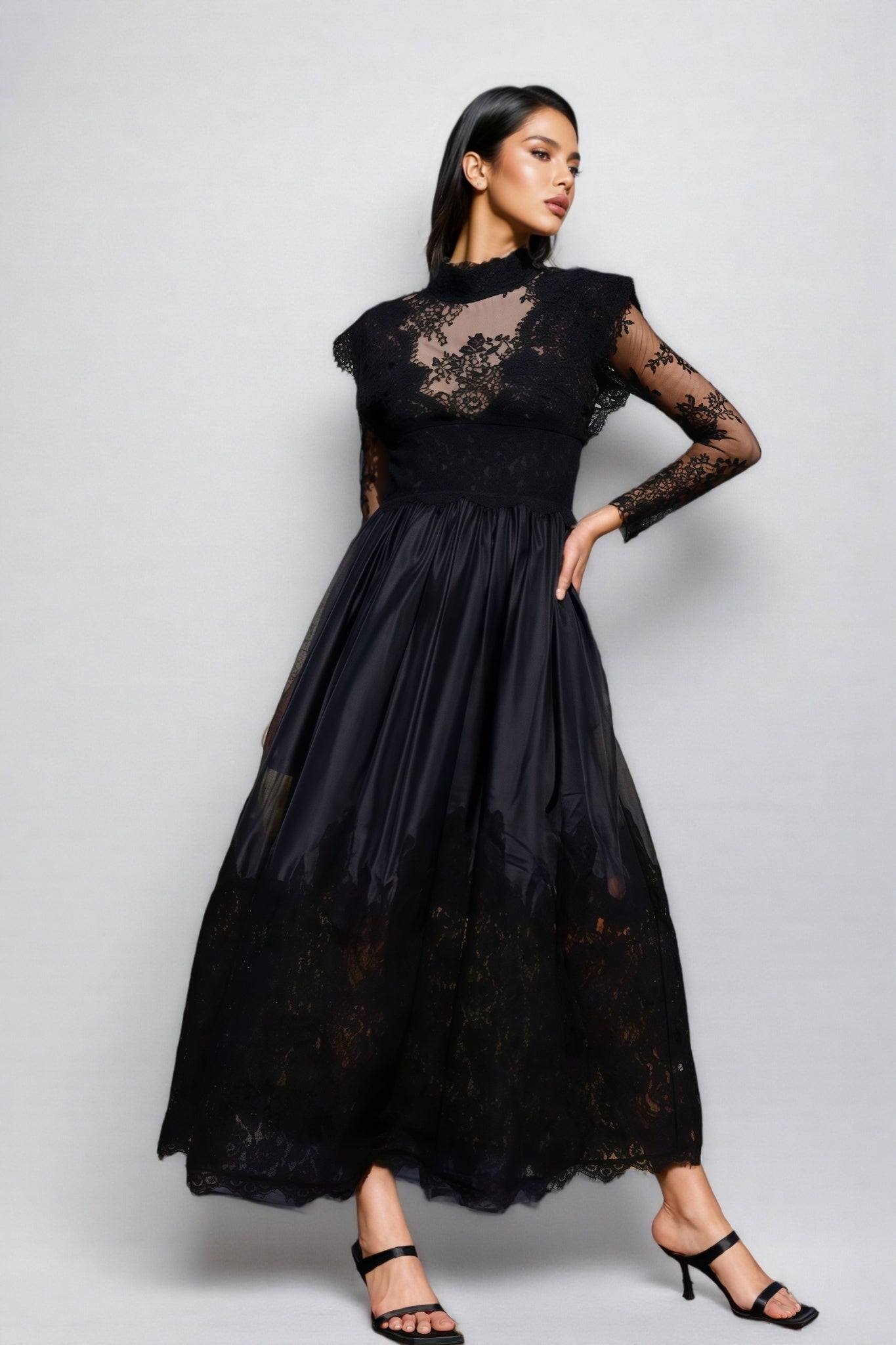Milda Black Floral Lace Stitching Maxi Dress - View 3