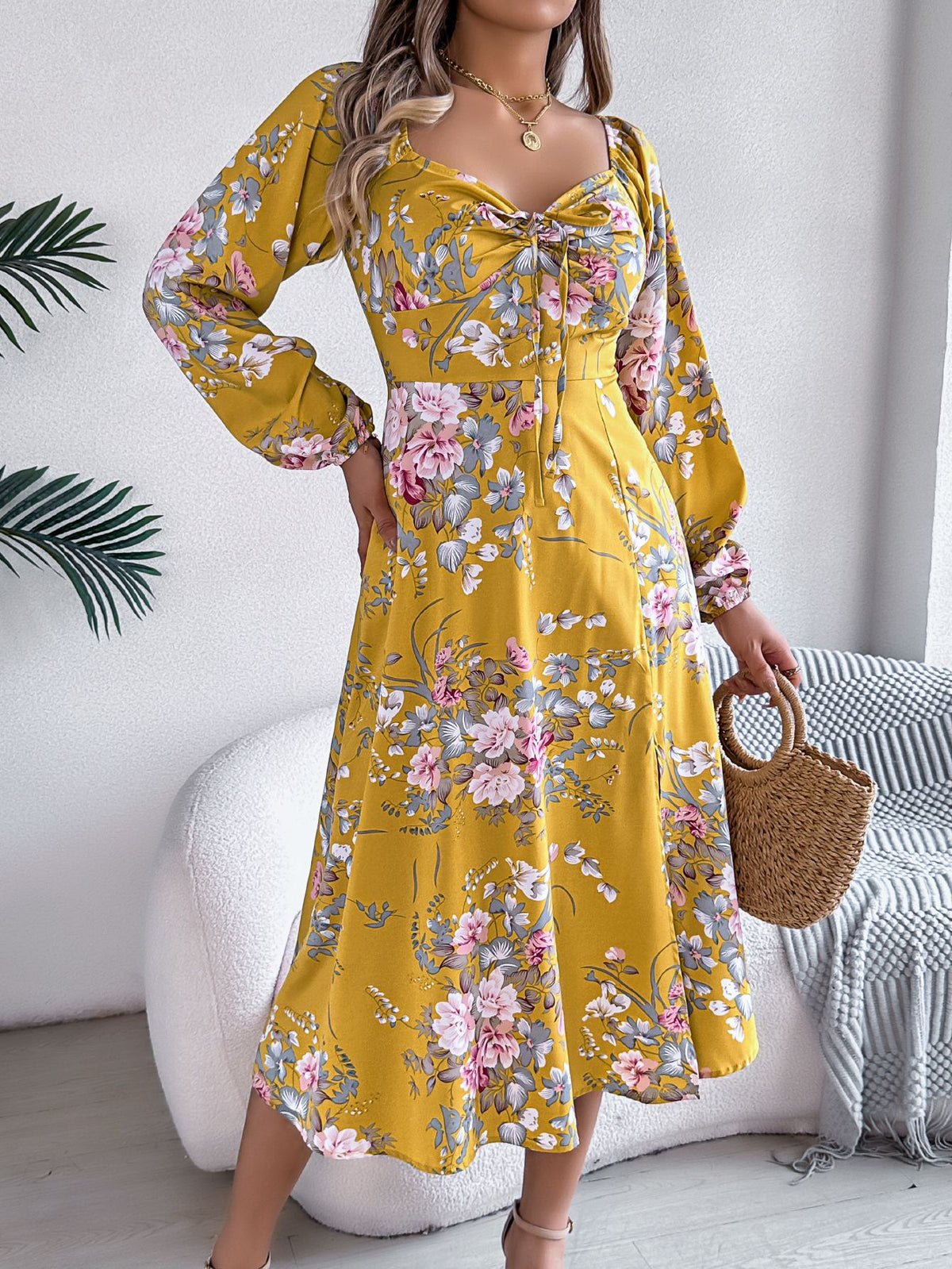 Floral Print Sweetheart Tie Front Long Sleeve Side Split A-Line Midi Dress 4