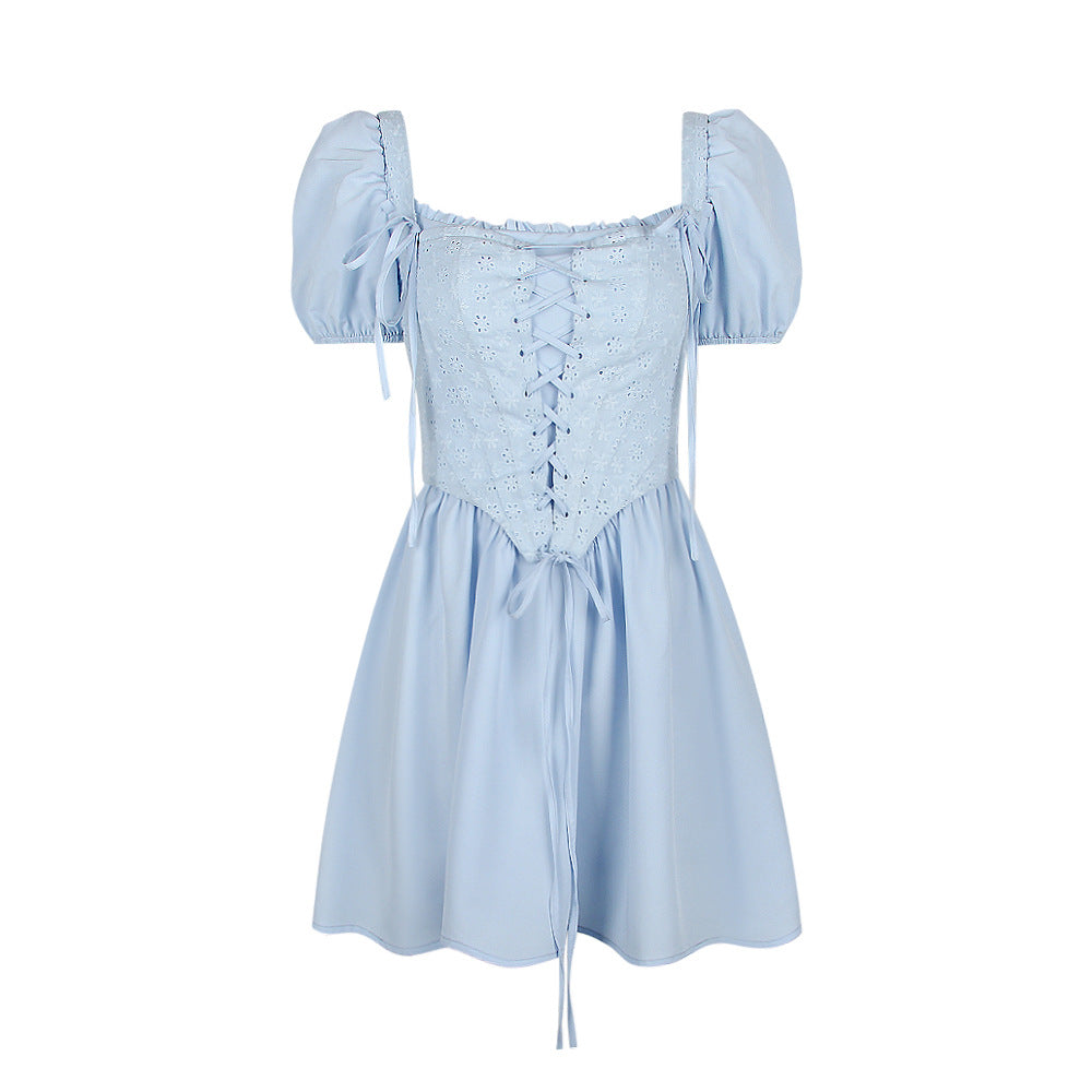 Eyelet Lace Up Corset Square Neck Puff Sleeve Fit and Flare Mini Dress