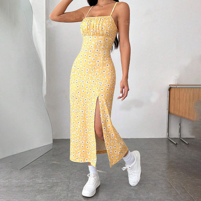 Square Neck Spaghetti Strap Floral High Split Bodycon Midi Dress 11