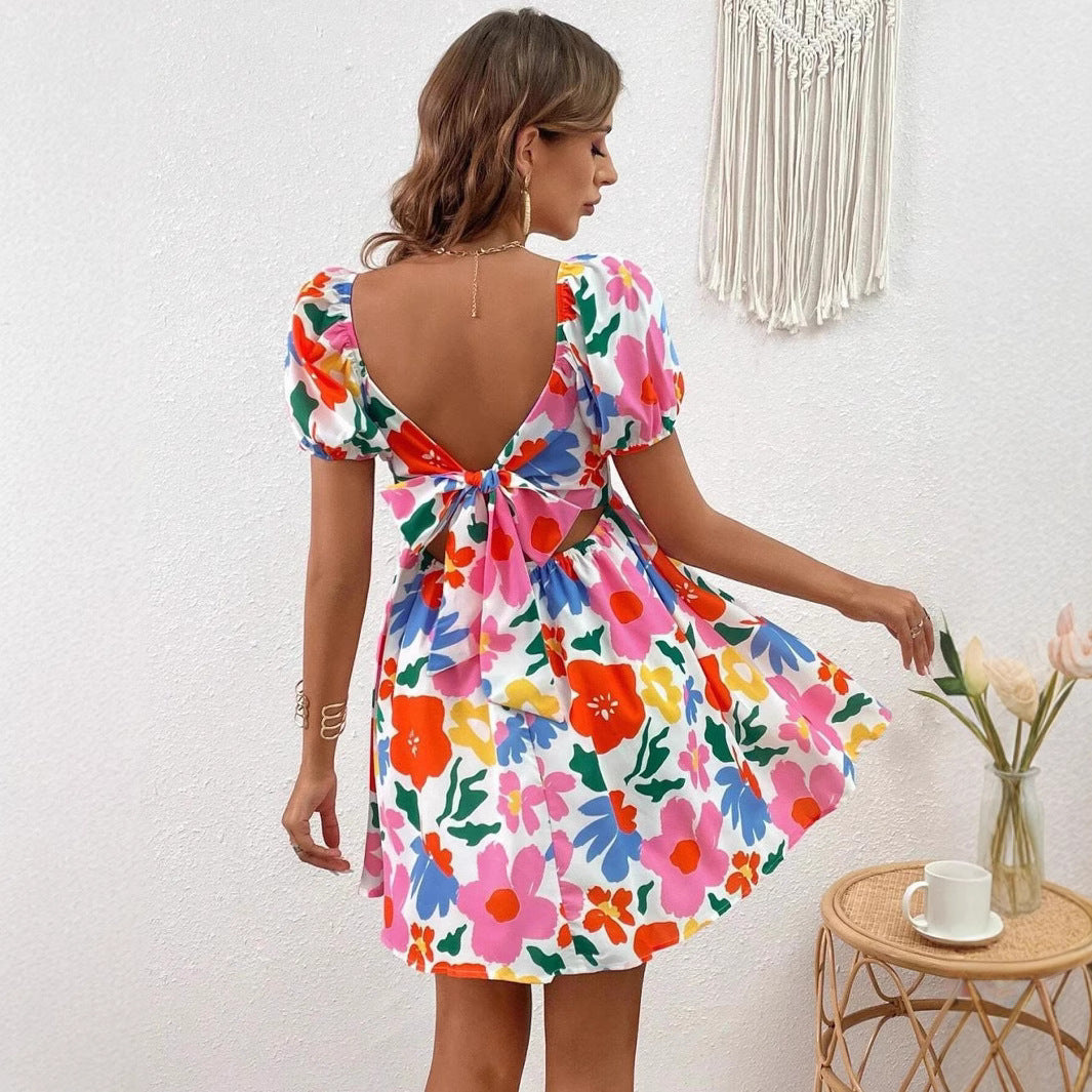 Floral Print Square Neck Puff Sleeve Tie Back Open Back Mini Dress