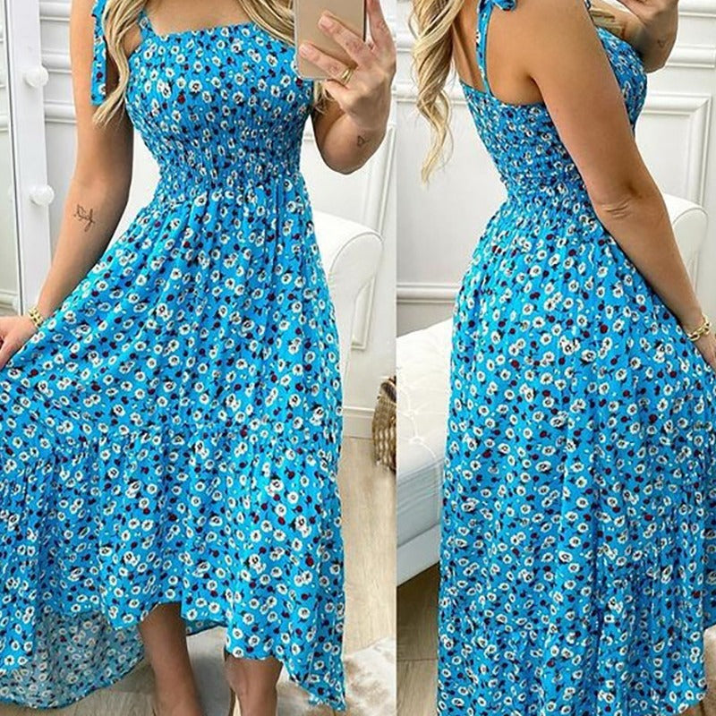 Floral Print Shirred Tie Strap Ruffle Hem Midi Dress
