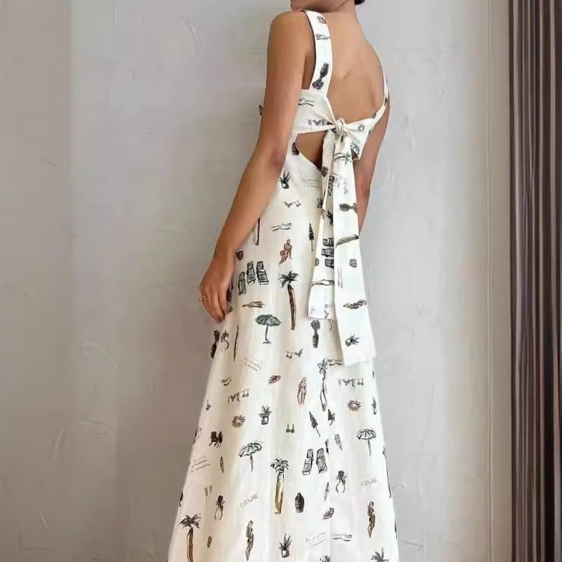 Beach Novelty Print Square Neck Wide Strap Pocket A-Line Maxi Dress 4