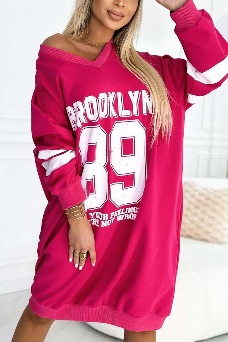 Oversized Varsity Letter Print Striped Sleeve Sweatshirt Dress 5