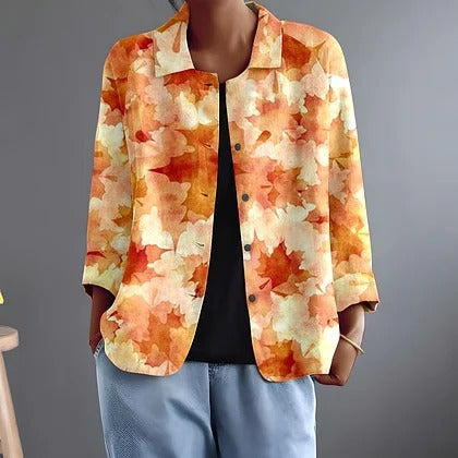 Maple Leaf Print Collared Long Sleeve Shirt