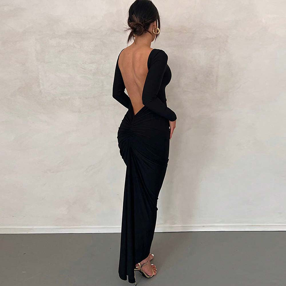 Open Back Long Sleeve Ruched Bodycon Maxi Dress