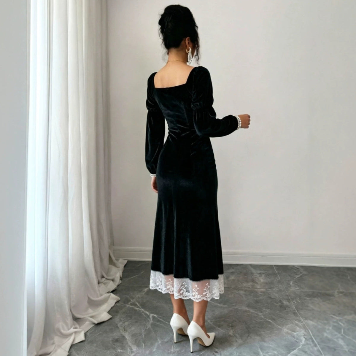 Velvet Square Neck Lace Trim Puff Sleeve Button Front Midi Dress 4