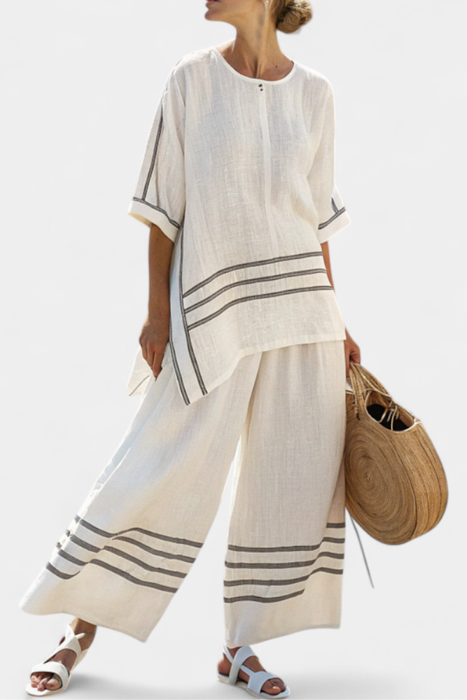 Striped Trim Short Sleeve Top and Wide Leg Pants Two Piece Set