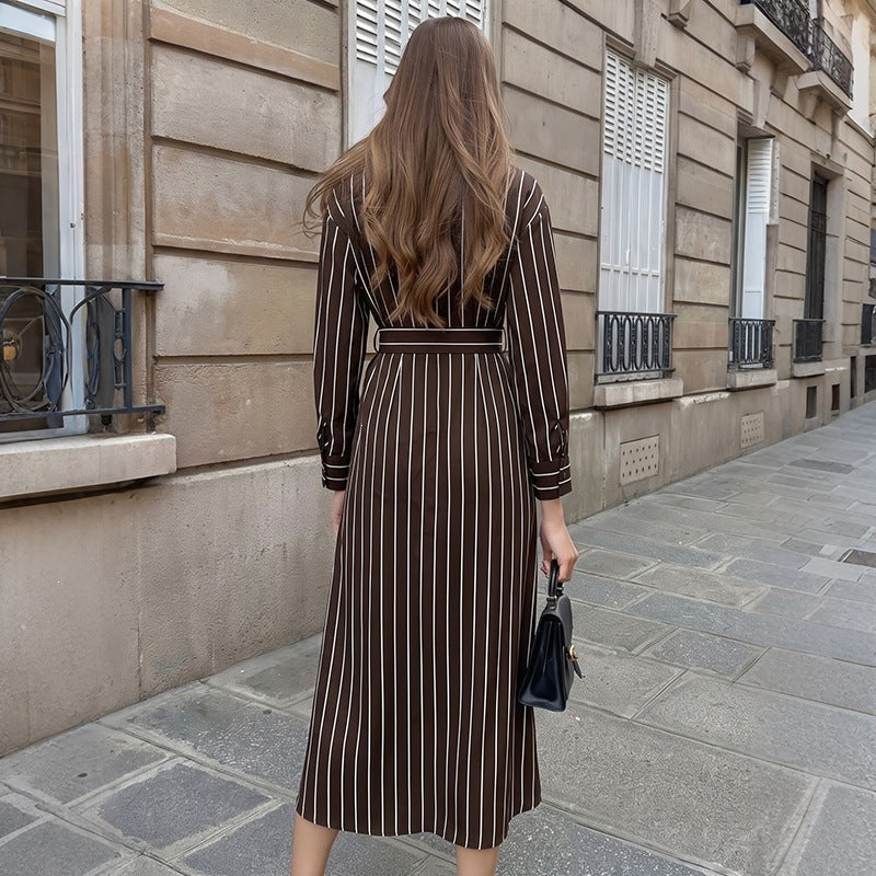 Pinstriped Collared Button Front Long Sleeve Belted Midi Shirt Dress 3