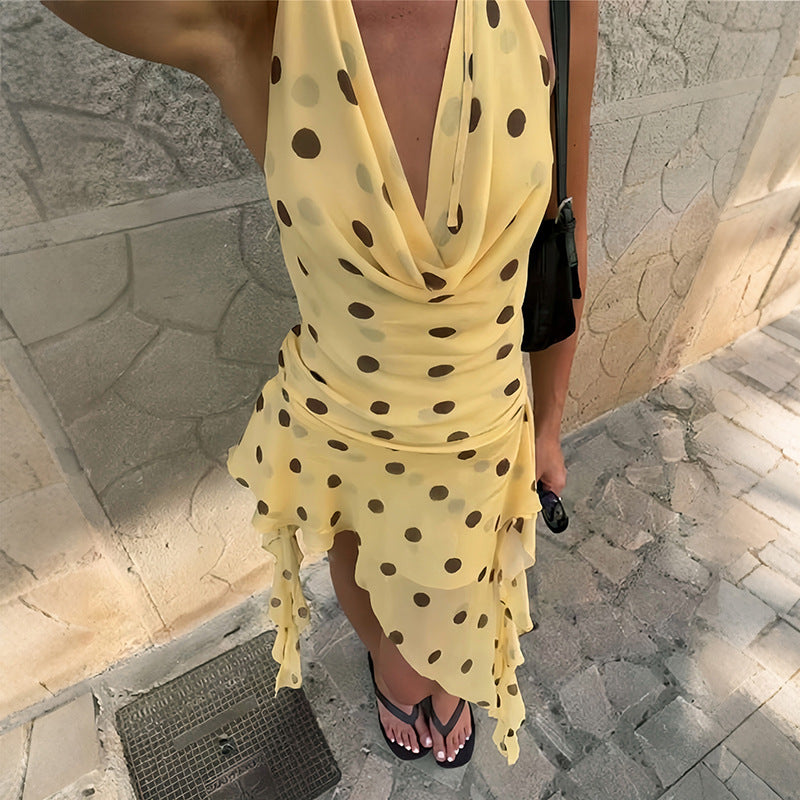 Polka Dot Chiffon Cowl Neck Halter Ruched Layered Hem Mini Dress 4