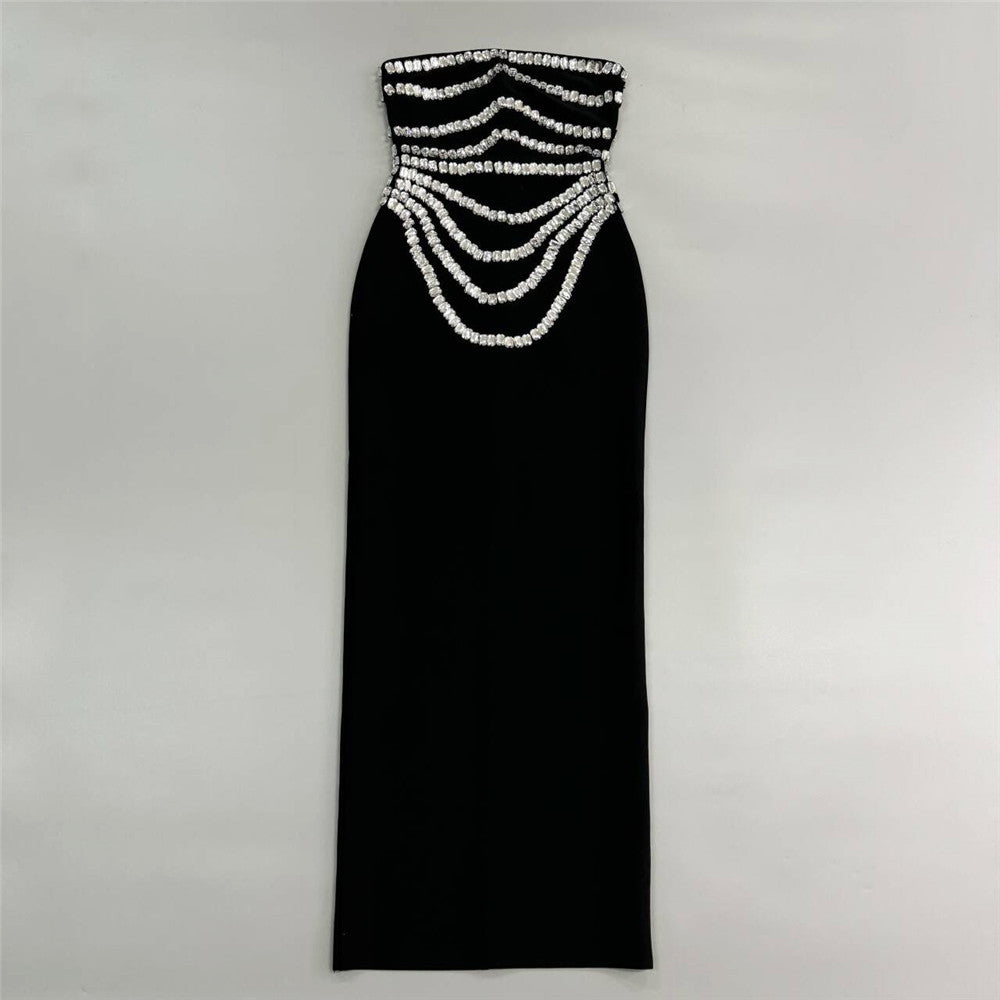 Velvet Strapless Rhinestone Draped Crystal Fringe Column Maxi Gown