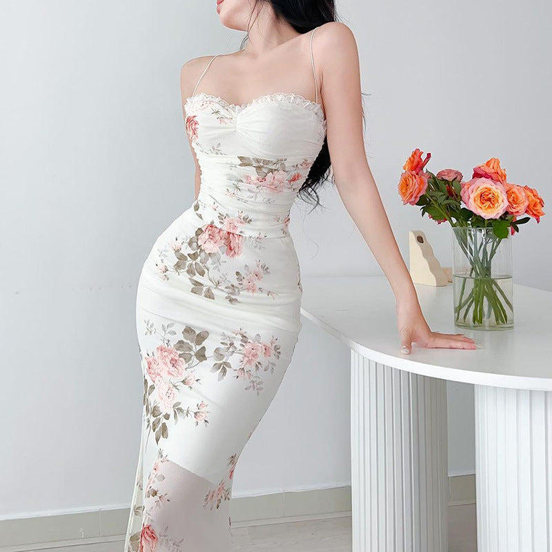 Floral Print Mesh Sweetheart Neck Lettuce Trim Cami Mermaid Midi Dress 2