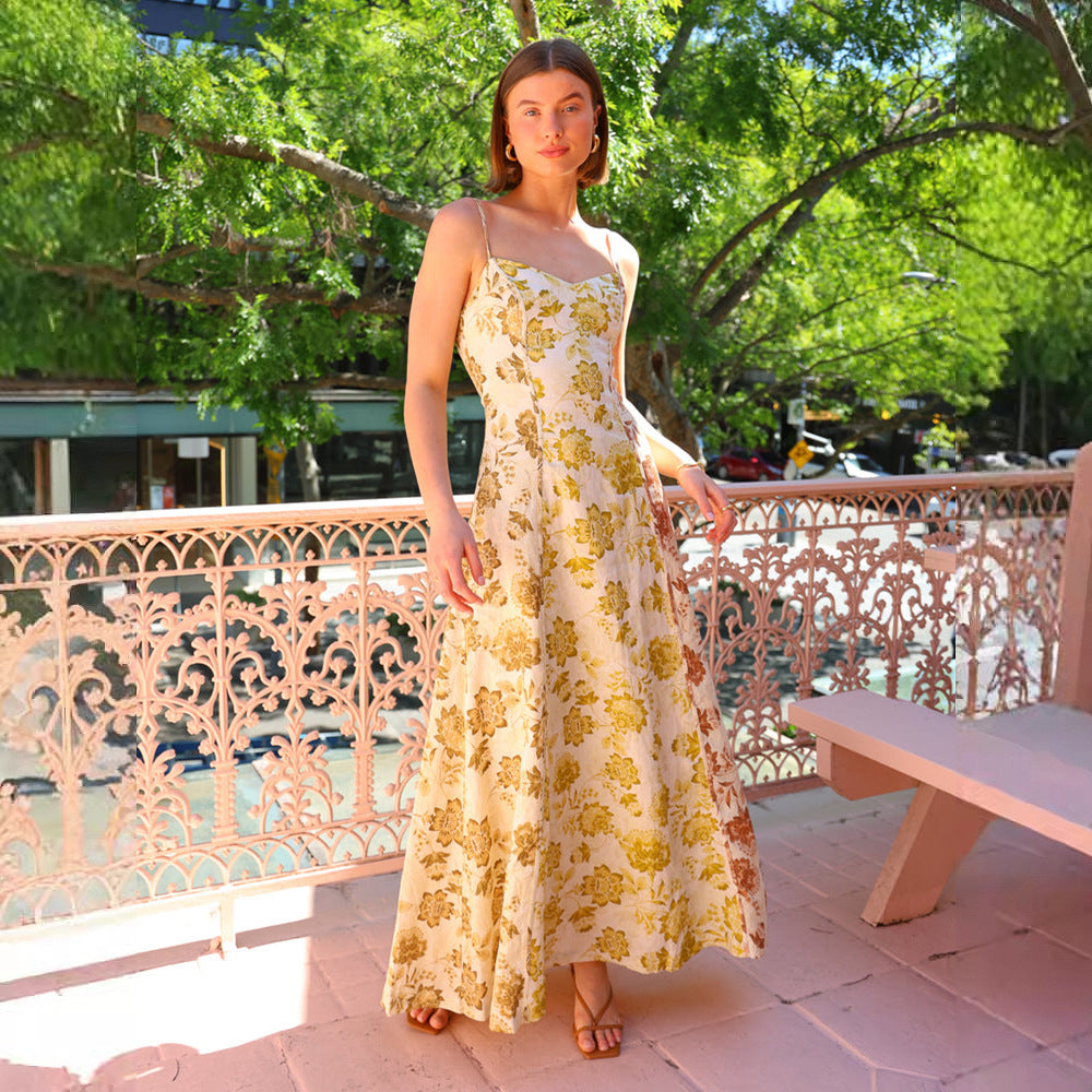 Casual Printing Backless Spaghetti Straps Large Swing Dress