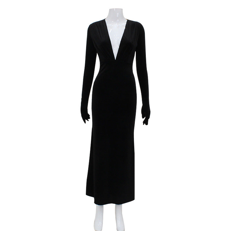 Velvet Deep V-Neck Long Sleeve Integrated Glove Column Formal Gown