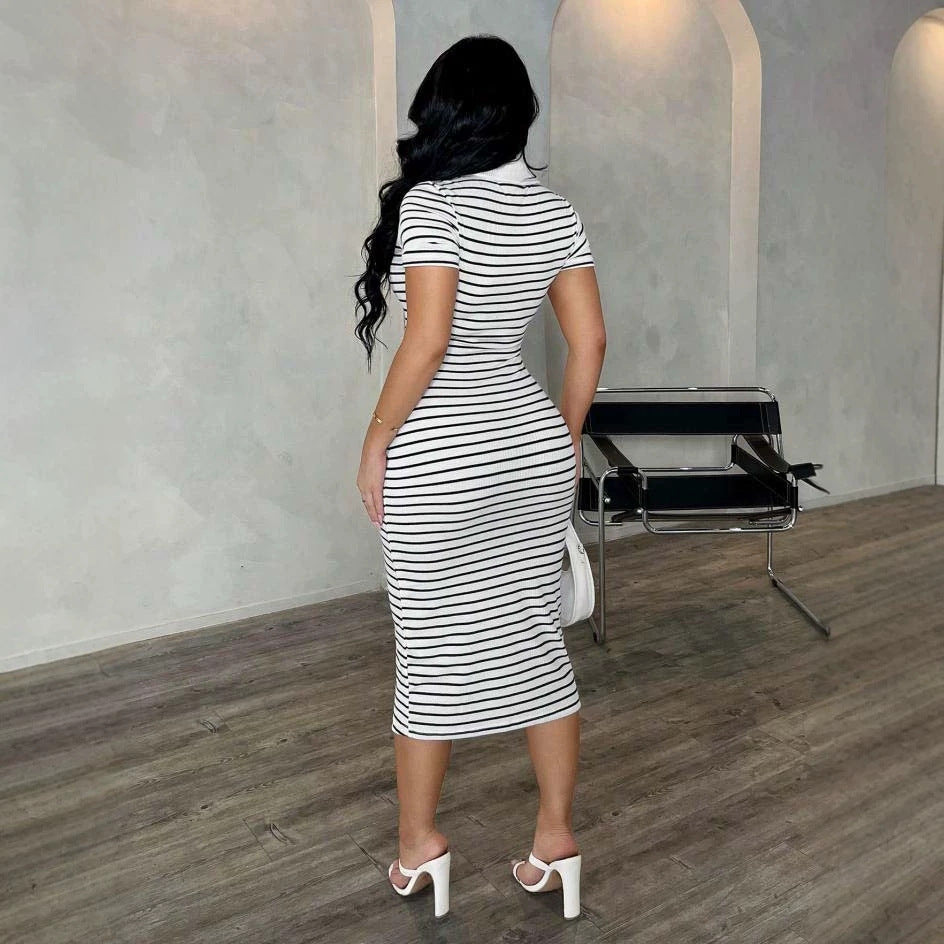 Polo Collar Striped Slim Fit Sheath Mid Length Sexy Dress