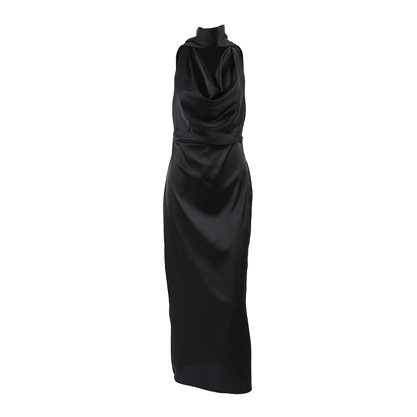 Black Thin Soft Matte Satin Swing Collar off Shoulder Dress - View 5