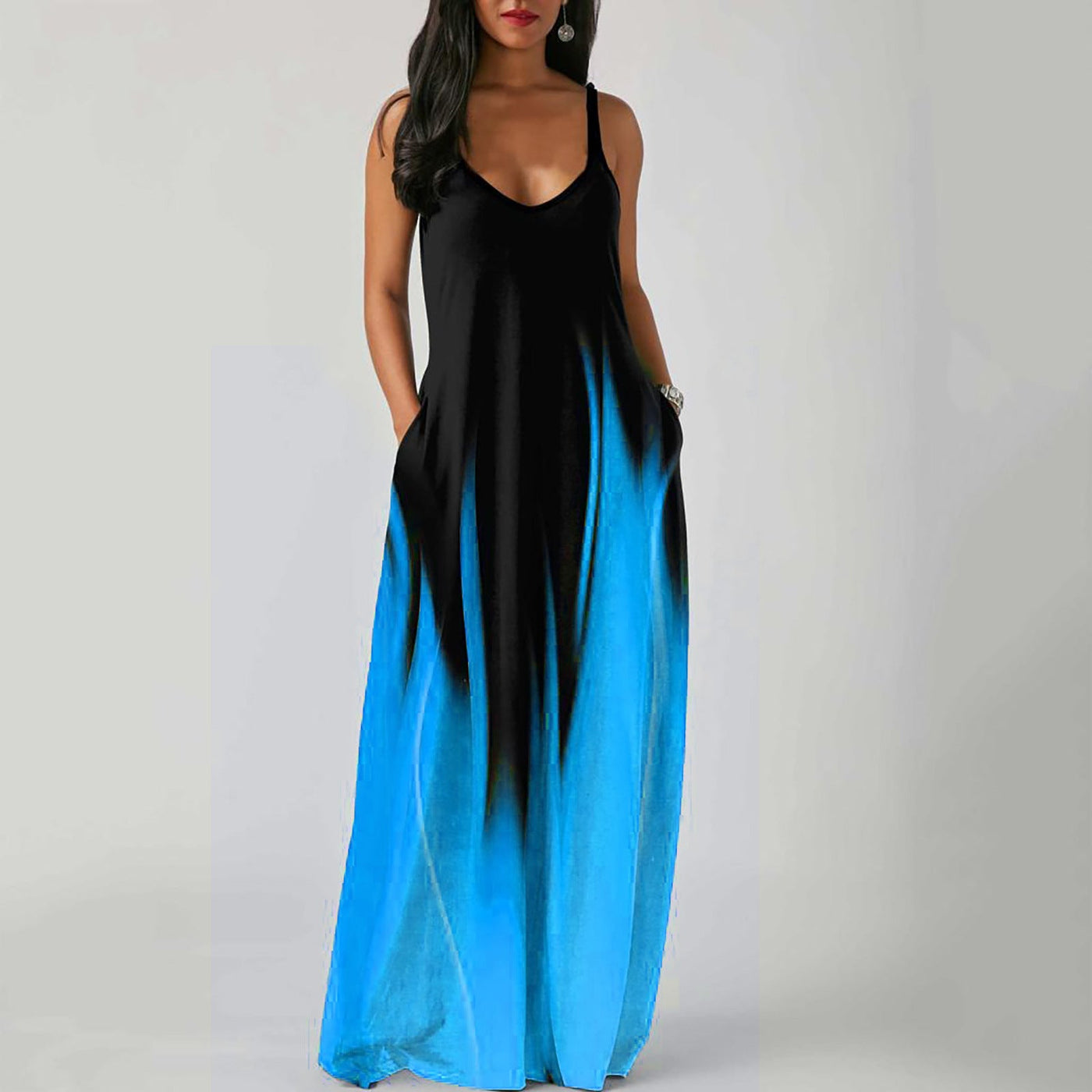 V-Neck Spaghetti Strap Ombre Pocket Loose Maxi Dress 9