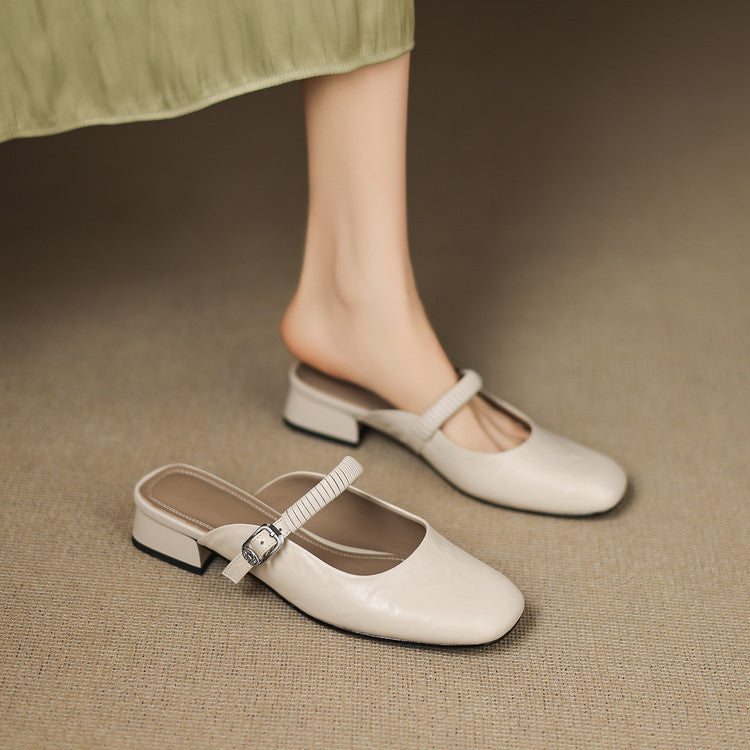 Square Toe Buckle Strap Mary Jane Mules