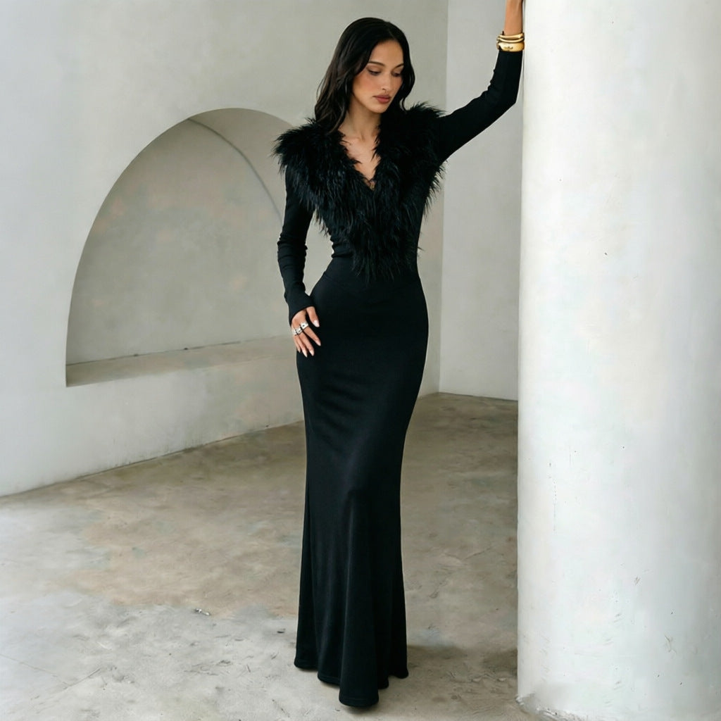 Faux Fur Collar V-Neck Long Sleeve Bodycon Mermaid Maxi Dress 2