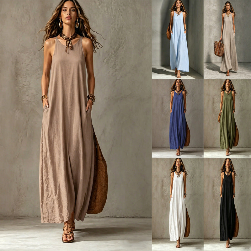 Sleeveless Tie Neck Pocket Maxi Dress