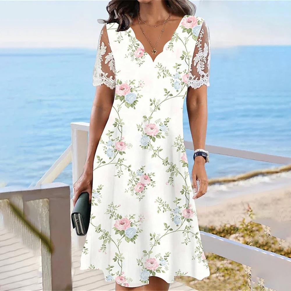 Floral Print Scalloped V-Neck Lace Sleeve A-Line Knee Length Dress