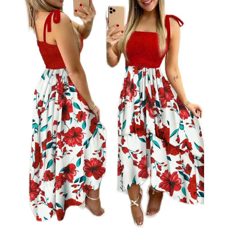 Floral Print Shirred Tie Strap Ruffle Hem Midi Dress