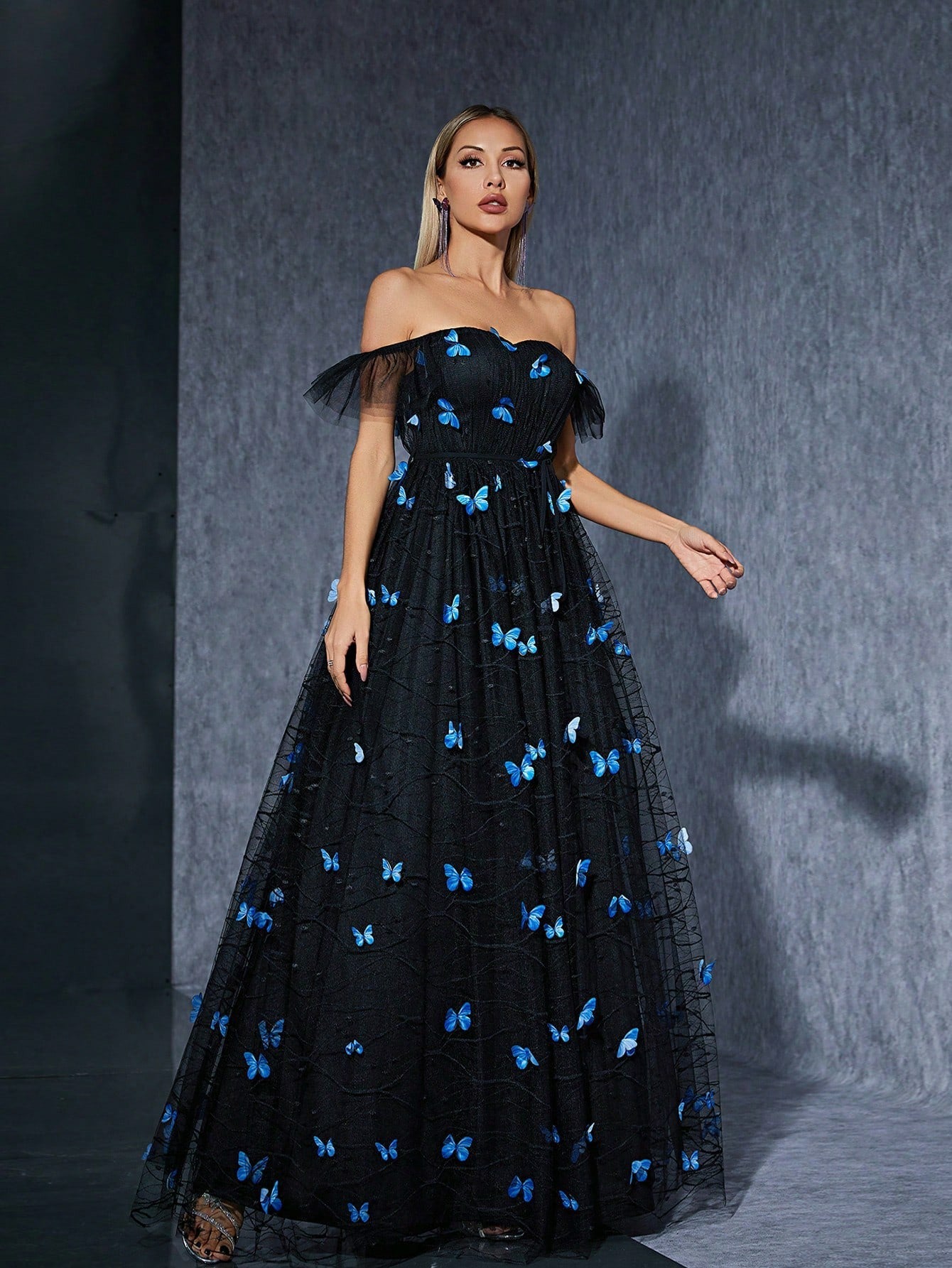 Off Shoulder Butterfly Applique Tulle A-Line Maxi Dress