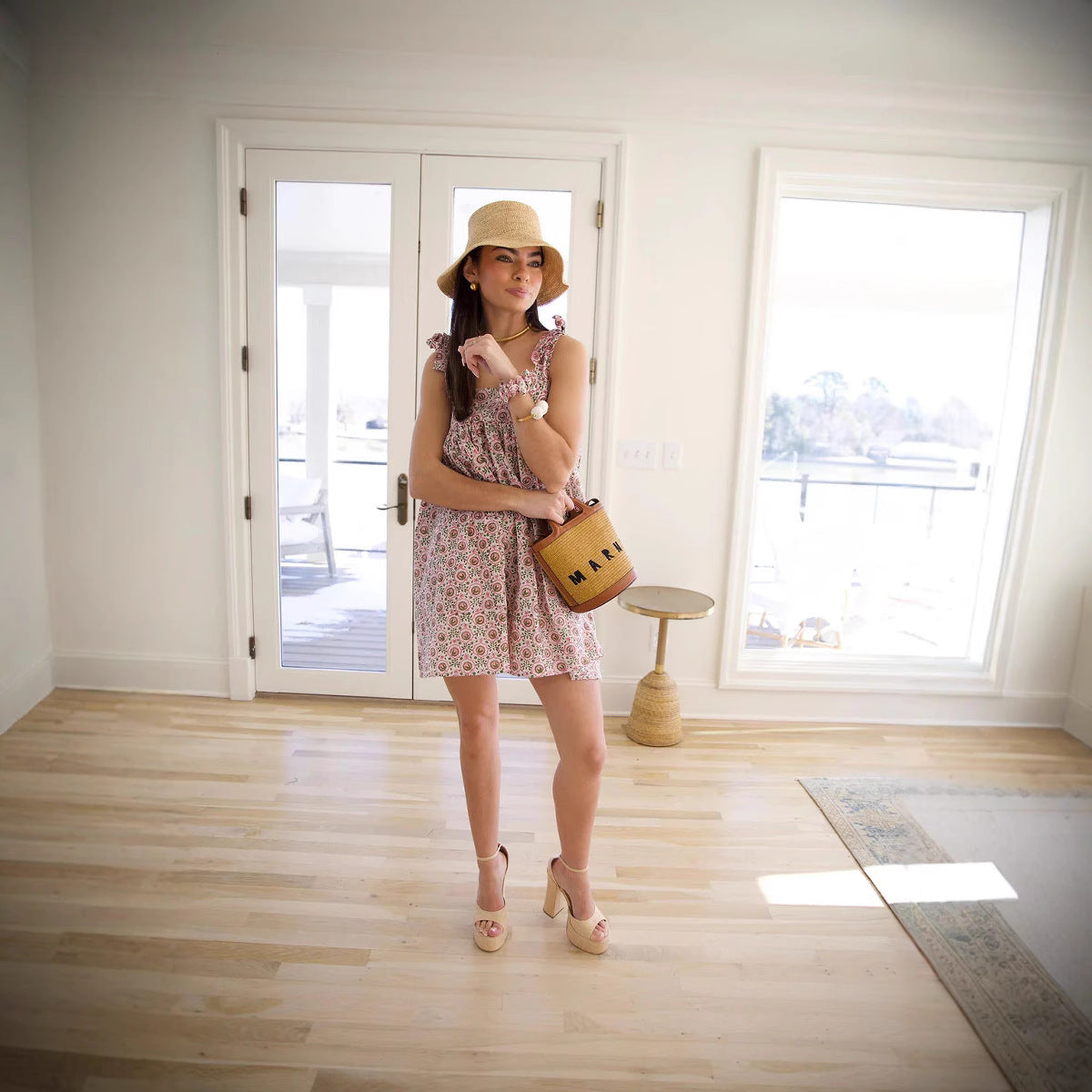 Spring Summer Women Clothing French Vintage Floral Printed Loose Casual Strap Dress
