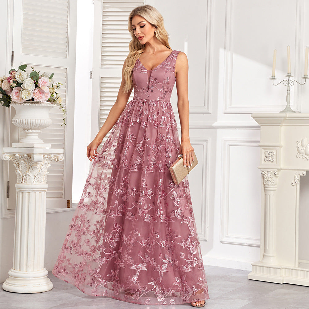 Floral Sequin V-Neck Sleeveless Tulle A-Line Maxi Gown
