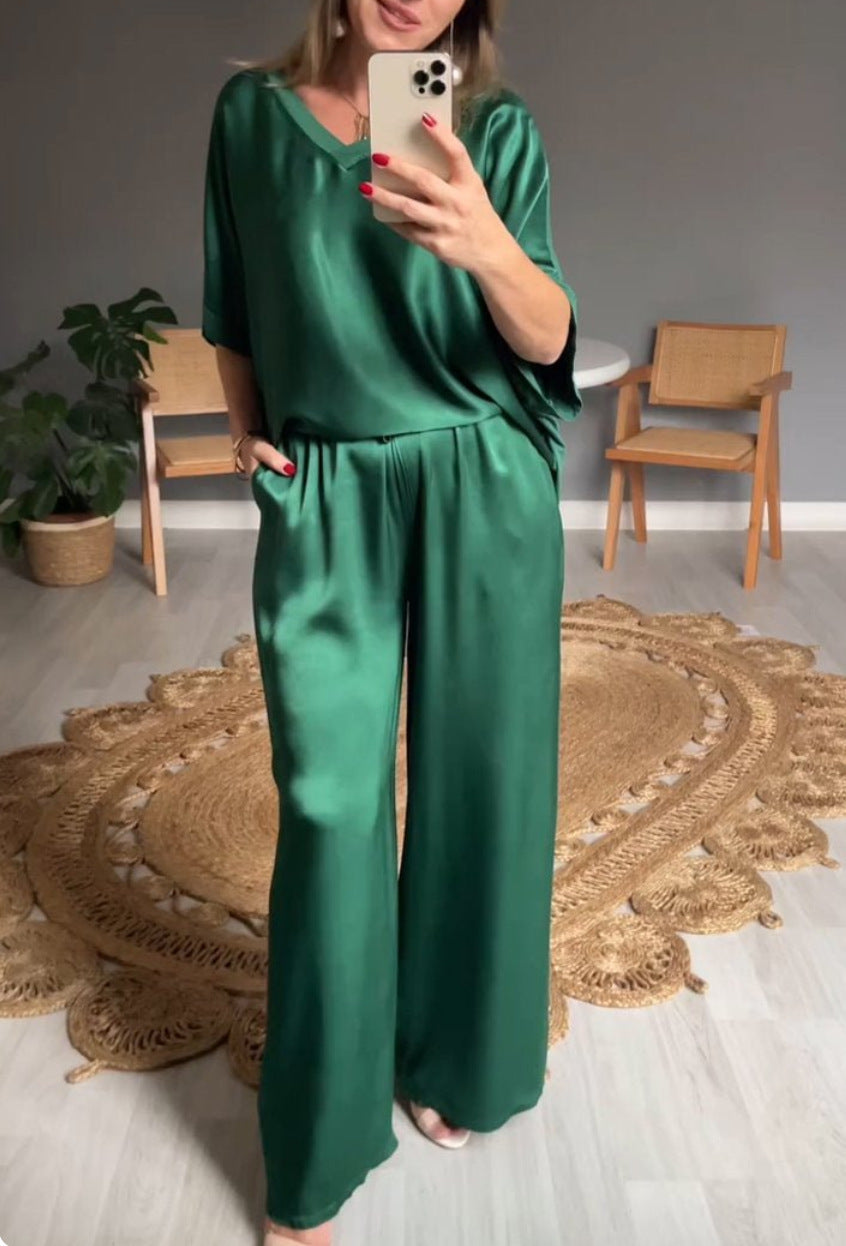 Deep V-Neck Short Sleeve Oversized Wide Leg Two-Piece Set